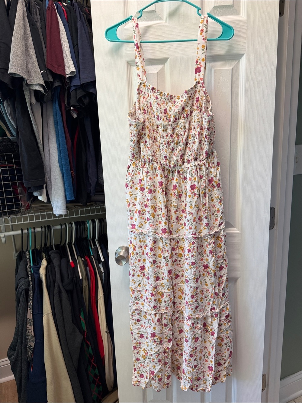 Smocked Floral Maxi Sundress in White with Pink & Yellow Flowers